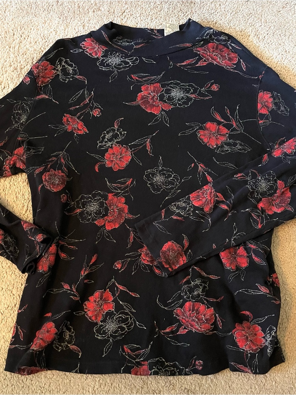 White Stag Mock Neck Black and Red Rose Long Sleeve Cotton Tee - Size 1X - Picture 3 of 6